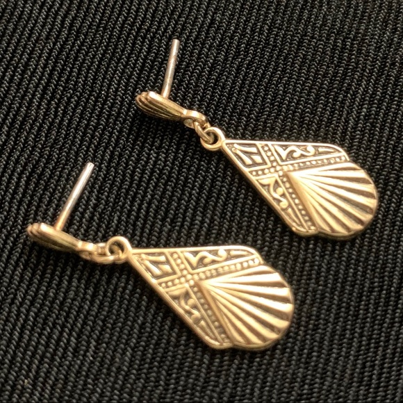 Vintage Spanish Damascene Black & Gold Tone Dangle Post Earrings - Picture 5 of 6